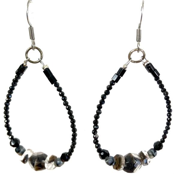 Fire polished black crystal earrings in Swarovski beaded teardrop loop dangle - Picture 4 of 4